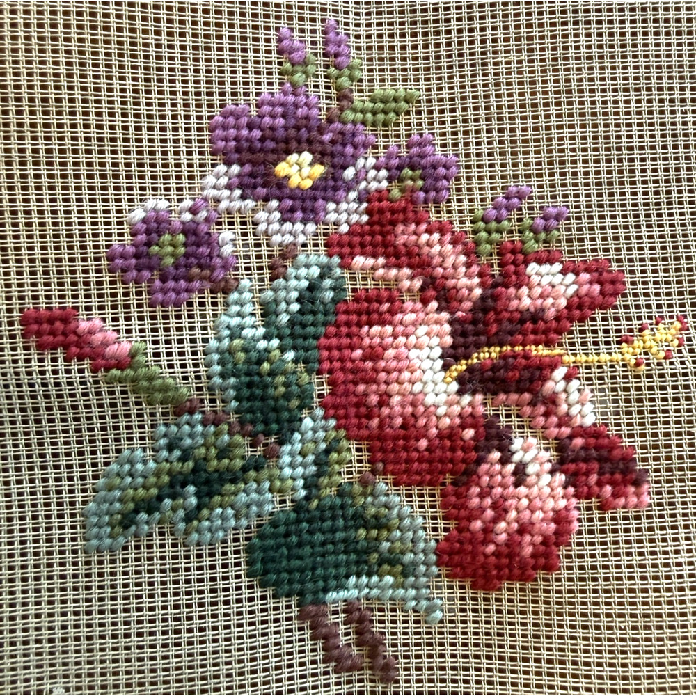 Vintage Preworked Decorator Needlepoint Canvas Floral Bunch Cottage Design 6 x 6